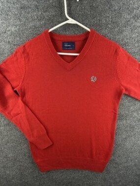 Fred Perry Small Red V-Neck Logo Wool Pullover Sweater Mens Long Sleeve Knit